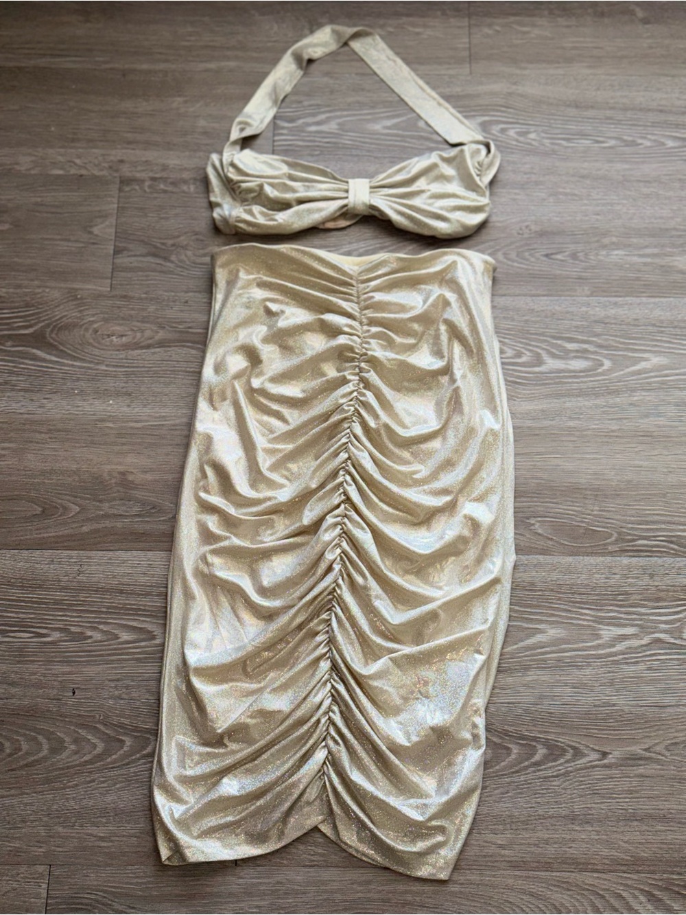 Cream colored holographic Ruched fitted “Mermaid” style skirt and crop